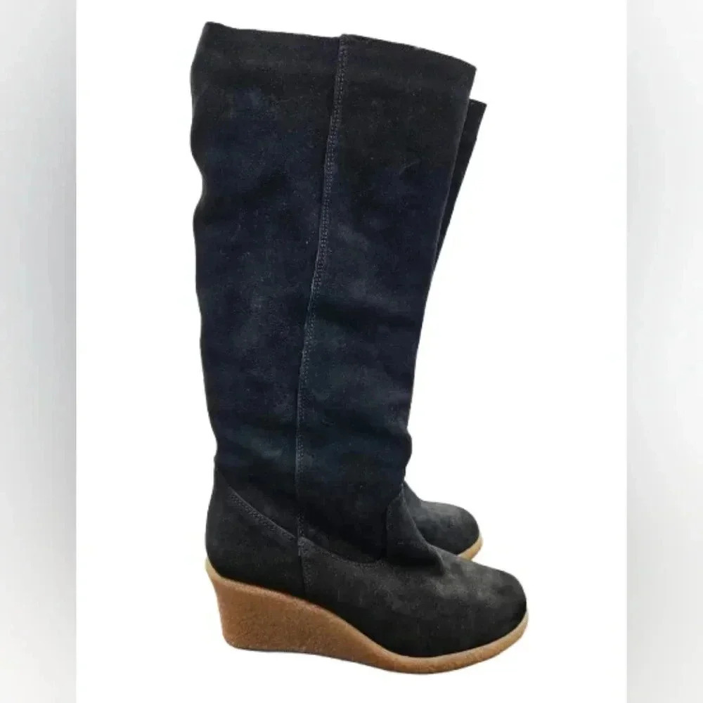 Black Suede Wedge Knee High Boots Size 8.5 EU 40 Boho Chic Minimalist Comfort